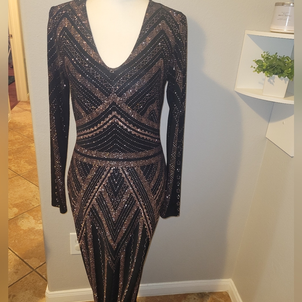 Glitter formal dress, geometric art deco design.